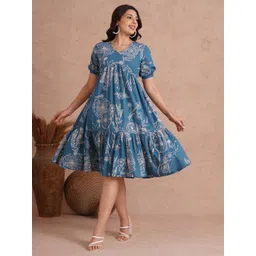 KAMI KUBI Women Floral Printed Puff Sleeve V-Neck Tiered Pleated Detail Empire Dress-picture-28