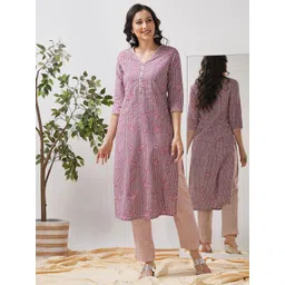 KAMI KUBI Women Floral Printed V Neck Cotton Straight Kurta-picture-39
