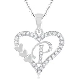 kanak jewels Valentine Collection P Letter Heart Latest American Diamond for Women Girls Girlfriend Men Boys Couples I love you Lovers Design with Chain Silver-plated Cubic Zirconia Brass Pendant-picture-11