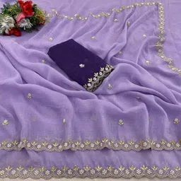 kanjiqueen Embroidered Saree with Attached Blouse Chiffon, Silk Blend Saree-picture-35