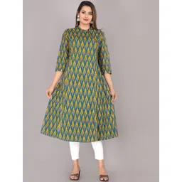KANNAHI Ethnic Motifs Printed Band Collar Cotton A-Line Kurta-picture-13