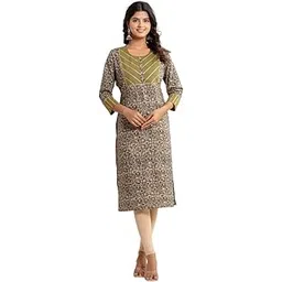 kannahi wearable art Women Floral Ajrakh Printed Kurti Jaipuri Sanganeri Print Pure Cotton Kurta Straight Regular Fit Kurti with Gotta Patti Work-picture-16