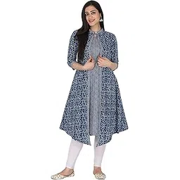 kannahi wearable art Women Pure Cotton Printed Straight Calf Length Regular Jaipuri Kurta and Shrug Set with Floral Print for Womens & Girls Grey-picture-10