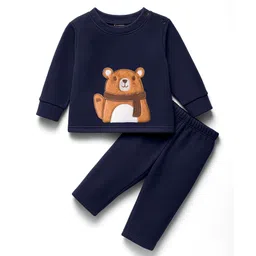 Kanvin Fleece Knit Full Sleeves Antipilling Winter Night Suit with Bear Patch Embroidery - Navy Blue-picture-21