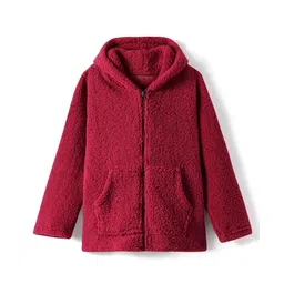 Kanvin Fleece Woven Full Sleeves Solid Colour Hooded Winter Jacket With Kangaroo Pockets - Red-picture-15