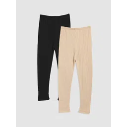 Kanvin Girls Pack of 2 Black & Nude Self-Design Thermal Bottoms-picture-44