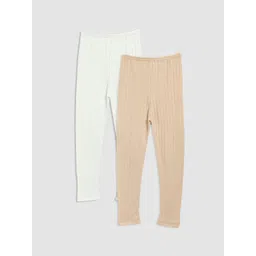Kanvin Girls Pack Of 2 Off-White & Beige Solid Thermal Bottoms-picture-55
