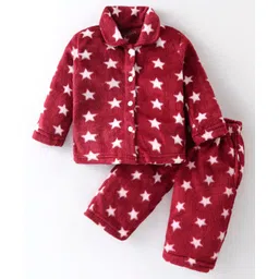 Kanvin Supersoft Extra Warm Velour Full Sleeves Winter Night Suit With Stars Print - Maroon-picture-17