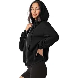 kanzul -fashion passion Women's Polycotton Fleece Plain Hooded Neck Full Zipper Winter Jacket Sweatshirts Casual Hoodie with Kangaroo Pocket Black-picture-29