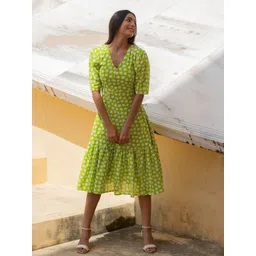 KAORI BY SHREYA AGARWAL Abstract Printed V-Neck Cotton A-Line Midi Dress-picture-10