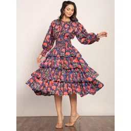 KAORI BY SHREYA AGARWAL Floral Print Tie-Up Neck Puff Sleeve Fit & Flare Midi Dress-picture-21