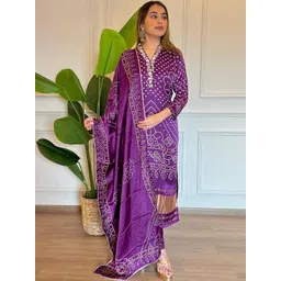 KAPADIYA FAB Bandhani Printed Thread Work Pure Silk Kurta with Trousers & With Dupatta-picture-37