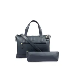 Kara Unisex Navy Blue Solid Leather Laptop Sleeve with Pouch-picture-21