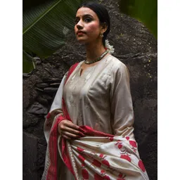 KARAJ JAIPUR Women Beige Printed Chanderi Cotton Kurta with Palazzos & With Dupatta-picture-30