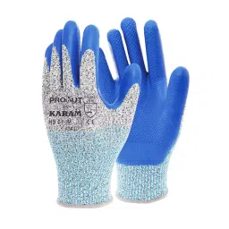 Karam Safety Hand Gloves Embossed Latex Coating Blue 13 Gauge HPPE Liner Size L, HS 61-picture-45
