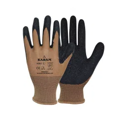 Karam Safety Hand Gloves Polyester Brown & Black Latex Coating 13 Gauge Size L, HS 02 (Pack of 12 Pair)-picture-12