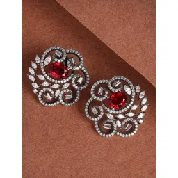 Karatcart Black Silver-Plated Red Oval Cubic Zirconia Floral Design Stud Earrings for Women-picture-40