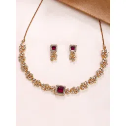 Karatcart Designer Floral Vine Design Red American Diamond Jewellery Set for Women-picture-38