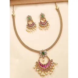 KARATCART Elegant Gold Plated Stone Studded & Beaded Jewellery Set-picture-20