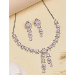 Karatcart Elegant Silver-Plated Pink American Diamond Jewellery Set for Women-picture-15