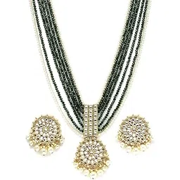 karatcart Gold Plated Green Crystal and Pearl Studded Kundan Rani-Haar Necklace Set for Women-picture-44