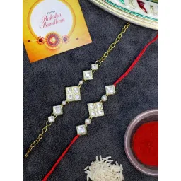 Karatcart Gold-Plated Handmade Square Kundan Rakhi, Roli & Chawal for Bhai & Bhabi - Set of 2-picture-24