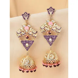 KARATCART Gold-Plated Kundan Enamelled Dome Shaped Dangler Jhumkas Earrings-picture-27