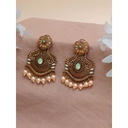 KARATCART Gold-Plated Lime Green  & Off-White Stone Studded Drop Earrings-picture-15
