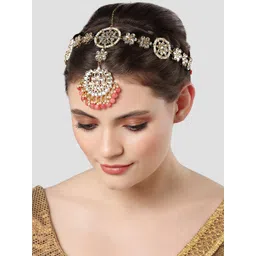 KARATCART Gold-Plated Peach Pearl & White Kundan-Studded Mathapatti-picture-26