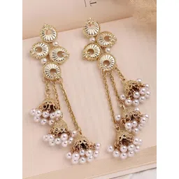 KARATCART Gold-Plated Pearls Tasselled Dome Shaped Jhumkas Earrings-picture-28