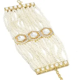 karatcart Gold Plated Polki Kundan and Pearl Beaded Bracelet for Women-picture-56
