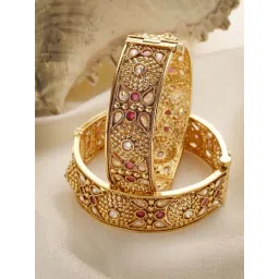 Karatcart Gold Plated Round Floral Design Kundan Bangles for Women Set of 2-picture-32