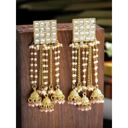 Karatcart Gold-Plated Square Kundan And Pearl Chain Dangler Earrings for Women-picture-20