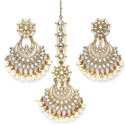 karatcart Gold Plated White Pearl Beaded Kundan Earrings and Maangtikka Combo for Women-picture-50