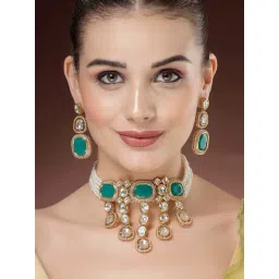 Karatcart Green Polki Kundan Choker Necklace Set for Women-picture-45