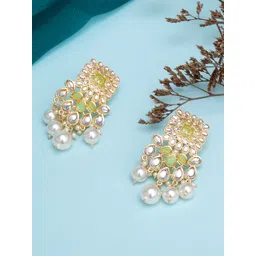 KARATCART Lime Green & White Gold Plated Pearl Studded Kundan Drop Earrings-picture-25