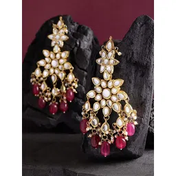 KARATCART Magenta Gold-Plated Kundan-Studded Handcrafted Floral Drop Earrings-picture-13