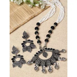 KARATCART Oxidised Silver-Plated Kundan Studded & Beaded Jewellery Set-picture-21