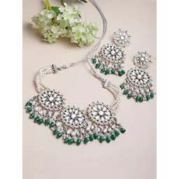 KARATCART Oxidised Silver-Plated White & Green Kundan-Studded Beaded Jewellery Set-picture-15