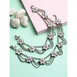 KARATCART Oxidised Silver-Plated White Kundan-Studded Anklets-picture-14