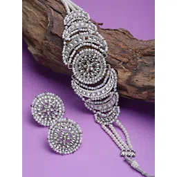 KARATCART Oxidised Silver-Plated White Kundan-Studded Beaded Jewellery Set-picture-29