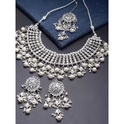 KARATCART Oxidised Silver-Plated White Kundan-Studded Beaded Jewellery Set-picture-30