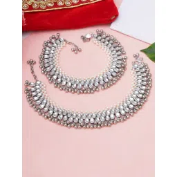 Karatcart Oxidized Silver Pearl and Drop Kundan Studded Anklet for Women-picture-39