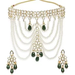 karatcart Pearl Beaded and Green Tumble Kundan Choker Neckalce Set for Women-picture-36