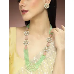 Karatcart Pink & Light Green Carved Stone Kundan Rani Haar Necklace Set for Women-image-45
