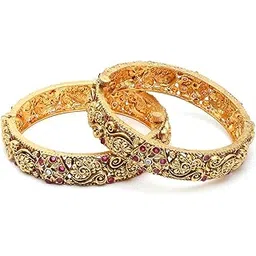 karatcart Set of 2 Antique Gold Plated Red Stone Studded Rajwadi Temple Bangles for Women-picture-55