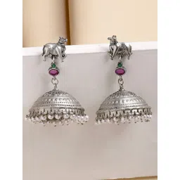 KARATCART Silver-Plated Animal Shaped Oxidized Kundan Jhumkas Earrings-picture-40