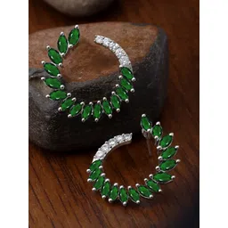 KARATCART Silver-Plated Cubic Zirconia Studded Contemporary Half Hoop Earrings image 1