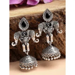 KARATCART Silver Plated Elephant Design Oxidised Contemporary Jhumkas Earrings image 1