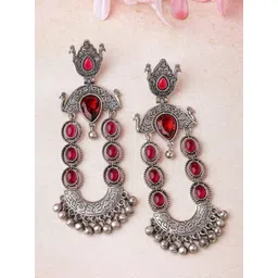 KARATCART Silver Plated Kundan Oxidised Drop Earrings-picture-21